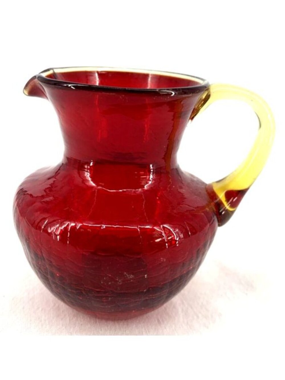 Red Crackle Glass Pitcher Creamer Applied Handle 3"